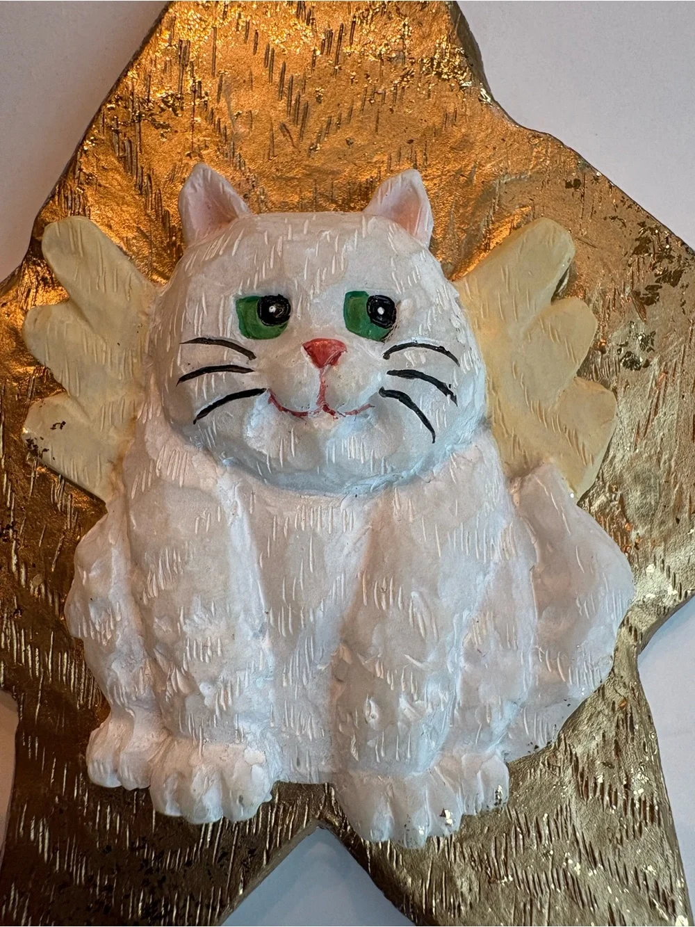 Cat Angel Wings Christmas Ornament Pet Memorial White Cat on Gold Star Pet Loss